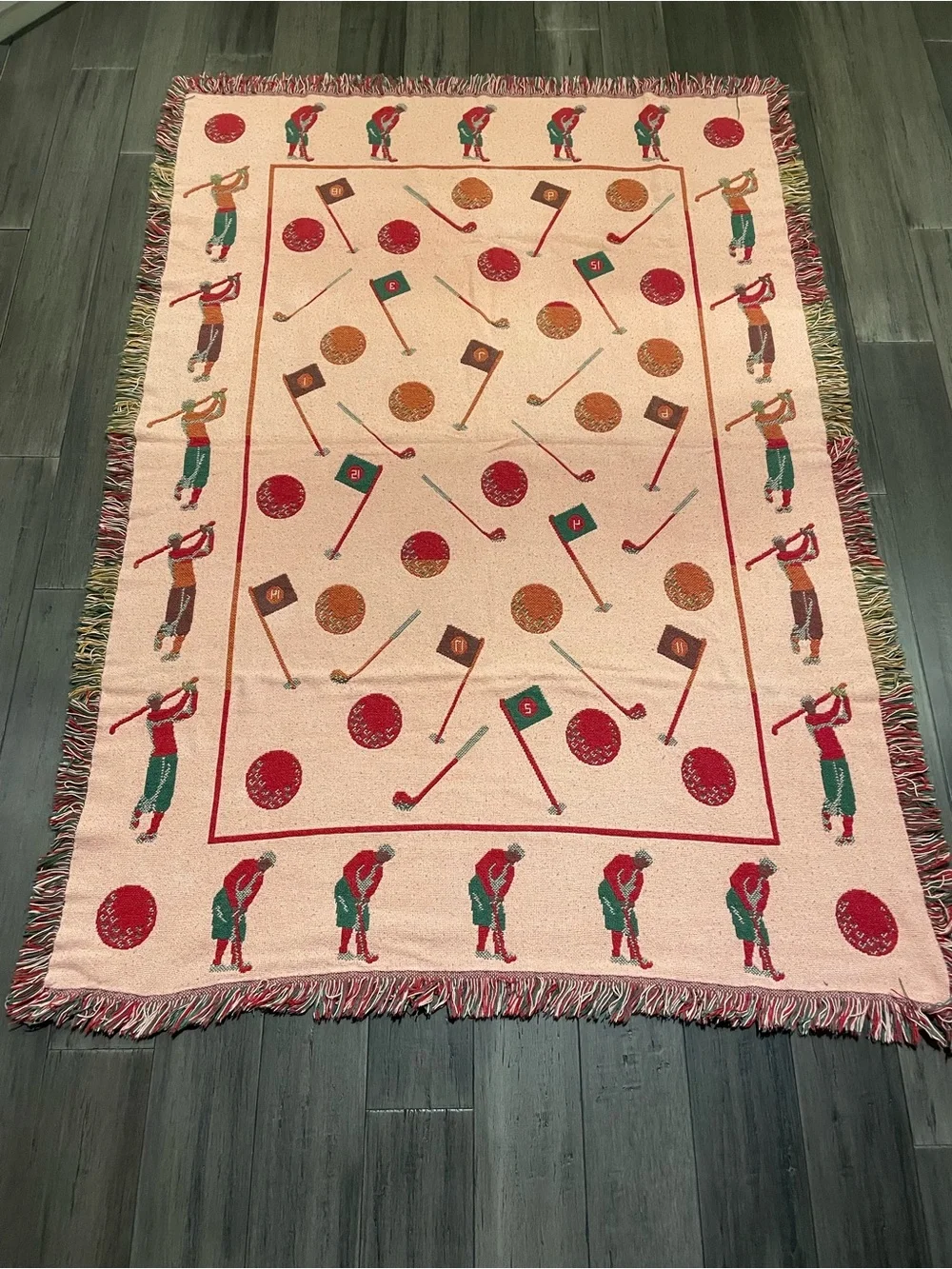 Vintage Golf Woven Throw Blanket Afghan Fringe Golf Ball Club Flag Golfer 70x40